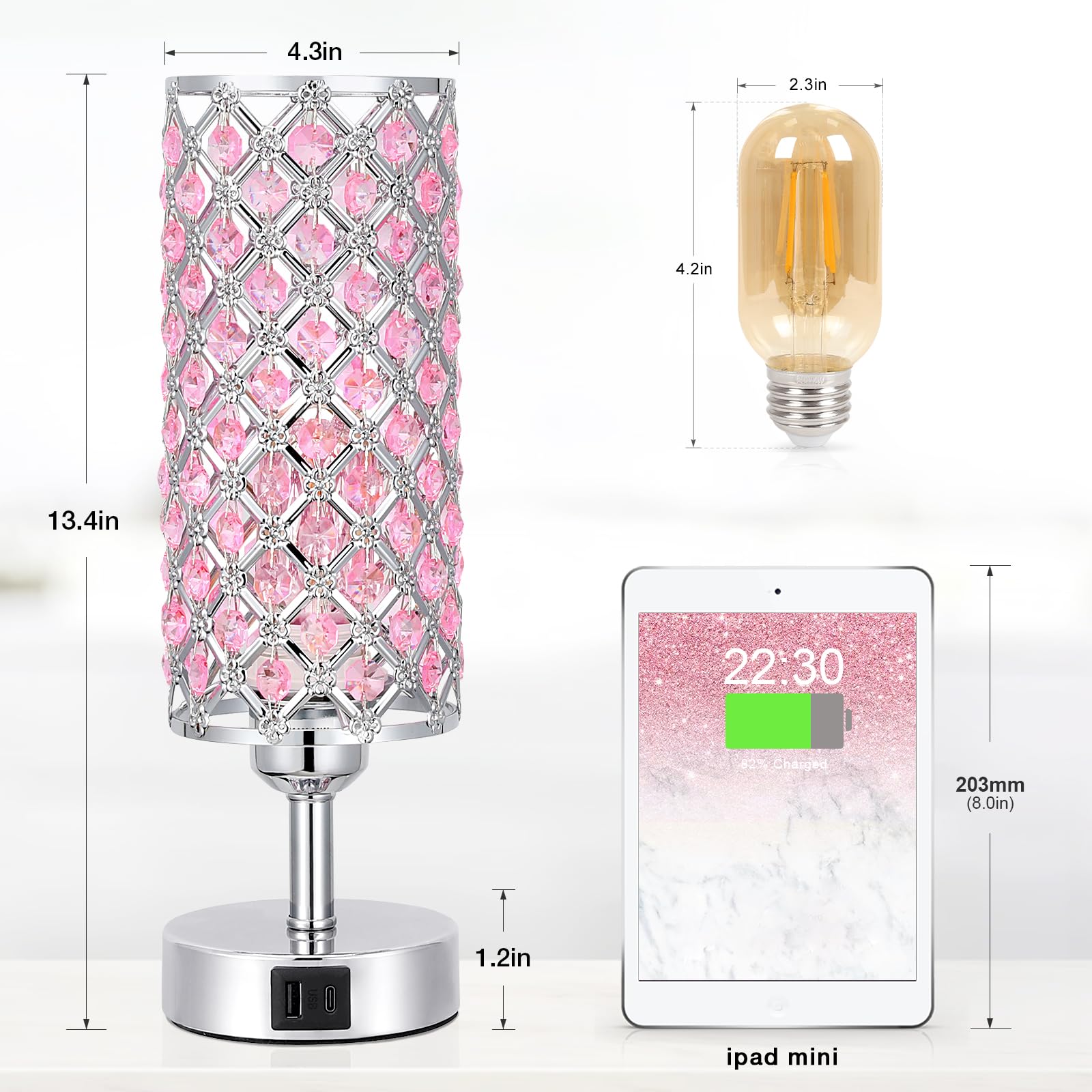 Hong-in sturdy metal crystal base for stable bedside lighting.