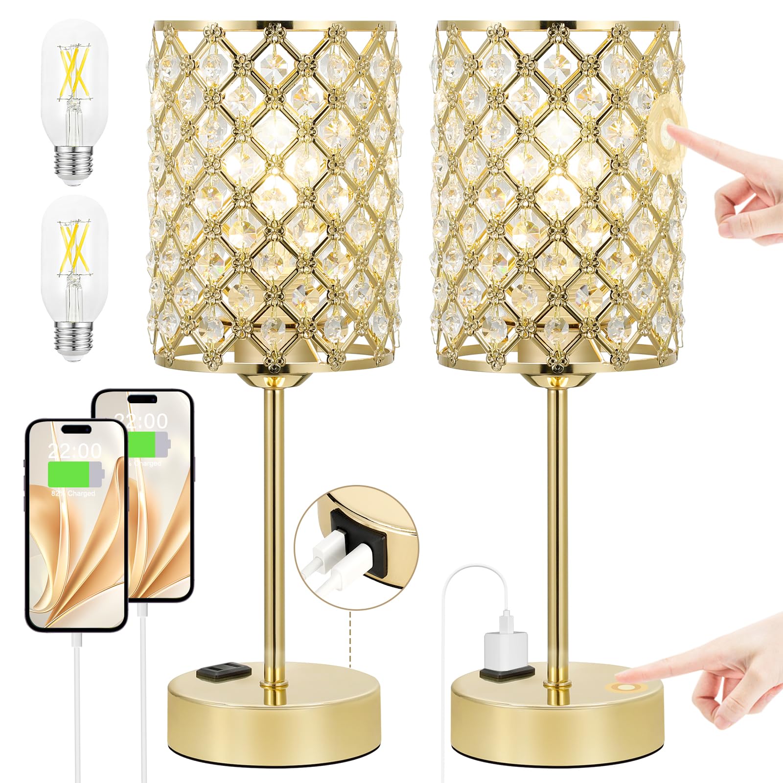 Hong-In touch-control crystal table lamp set 2 for chic bedroom lighting
