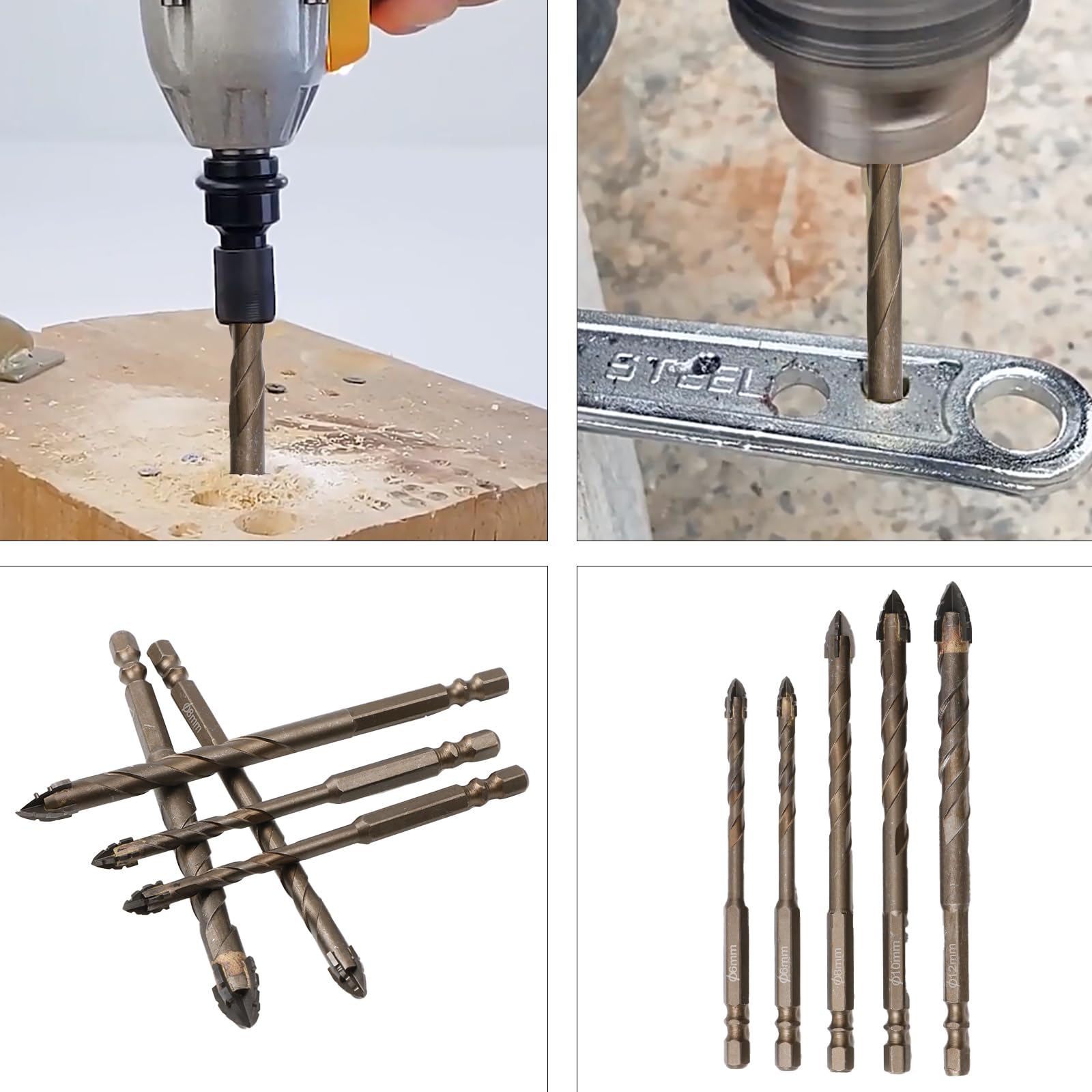 Honkdtyun multi-material drill bits for stone, glass, concrete, wood, brick, and metal.
