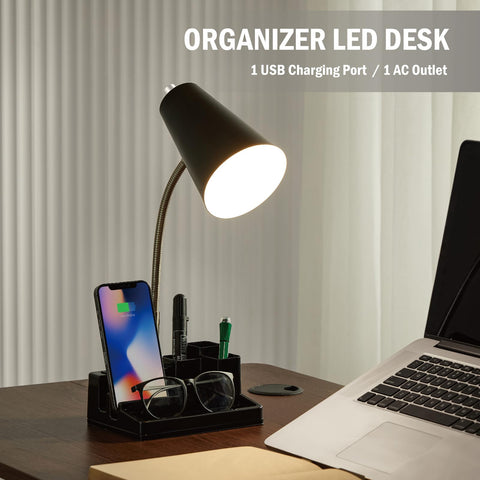 HonoDing E26 desk lamp organizer base showing USB and AC ports for charging