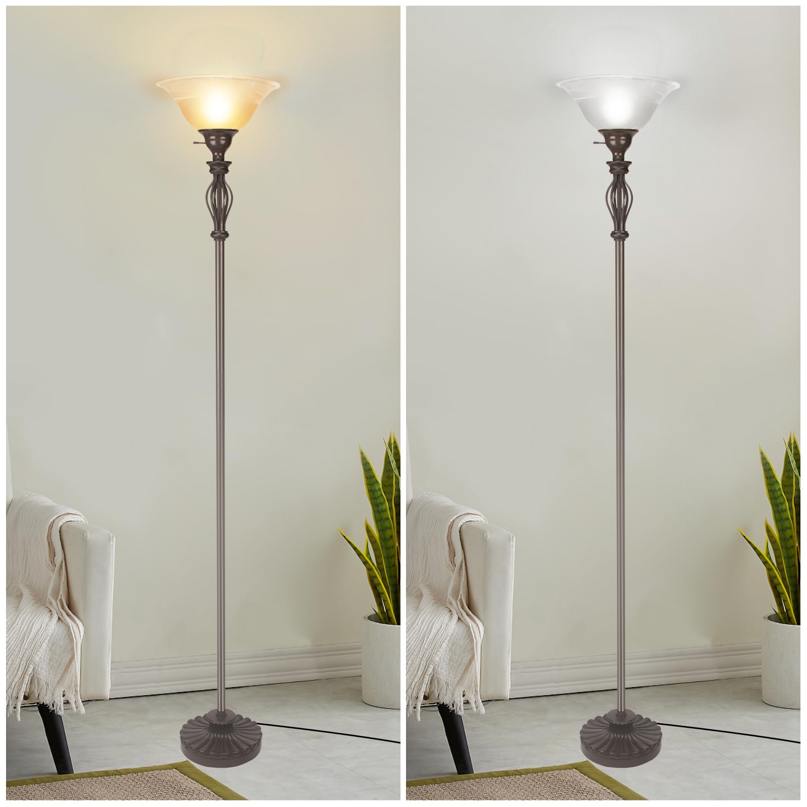 Honoding bronze iron-scroll base supports a tall corner lamp in a modern setting.