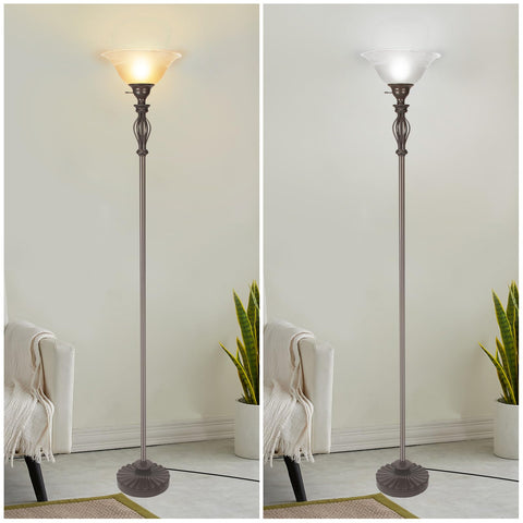 Honoding bronze iron-scroll base supports a tall corner lamp in a modern setting.