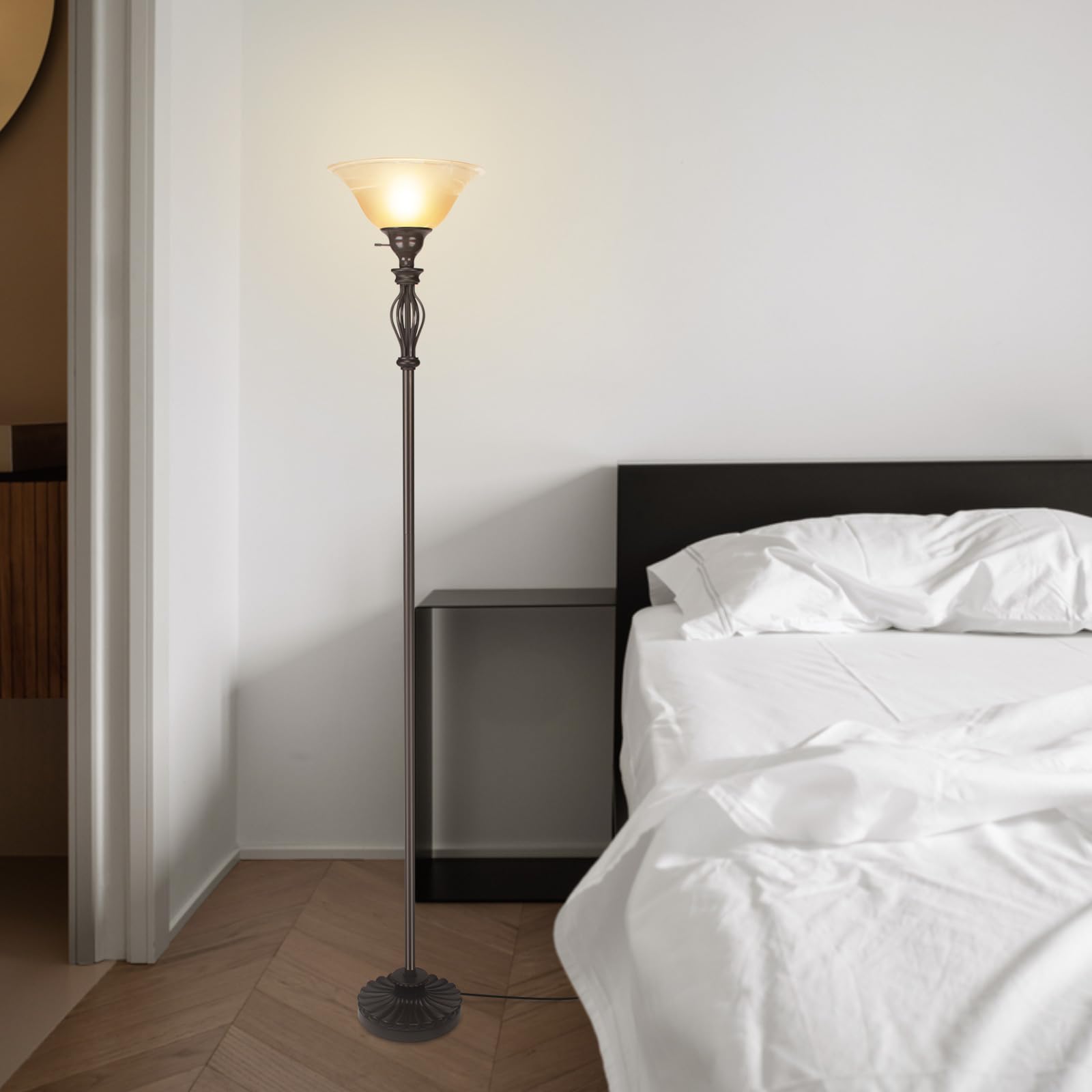 Honoding tall floor lamp serves as standing or corner accent lighting.