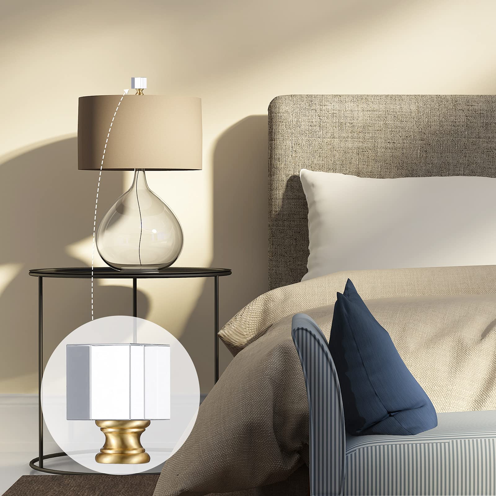 Honoson cube crystal finial enhances bedroom lamp aesthetics