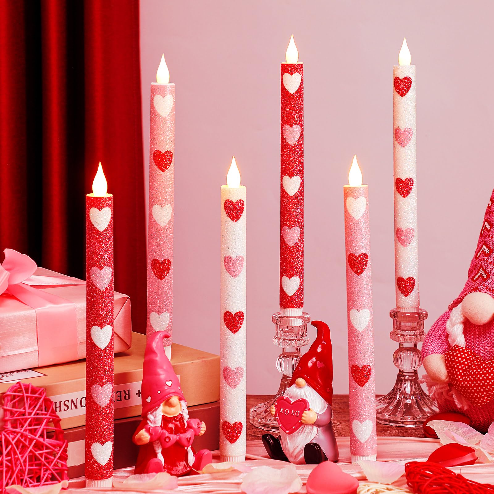 Honoson heart glitter flameless taper candle on dining table for romantic ambiance