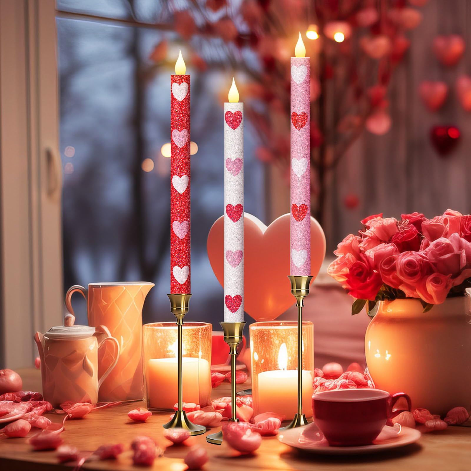 Honoson heart glitter taper candle on windowsill with soft light