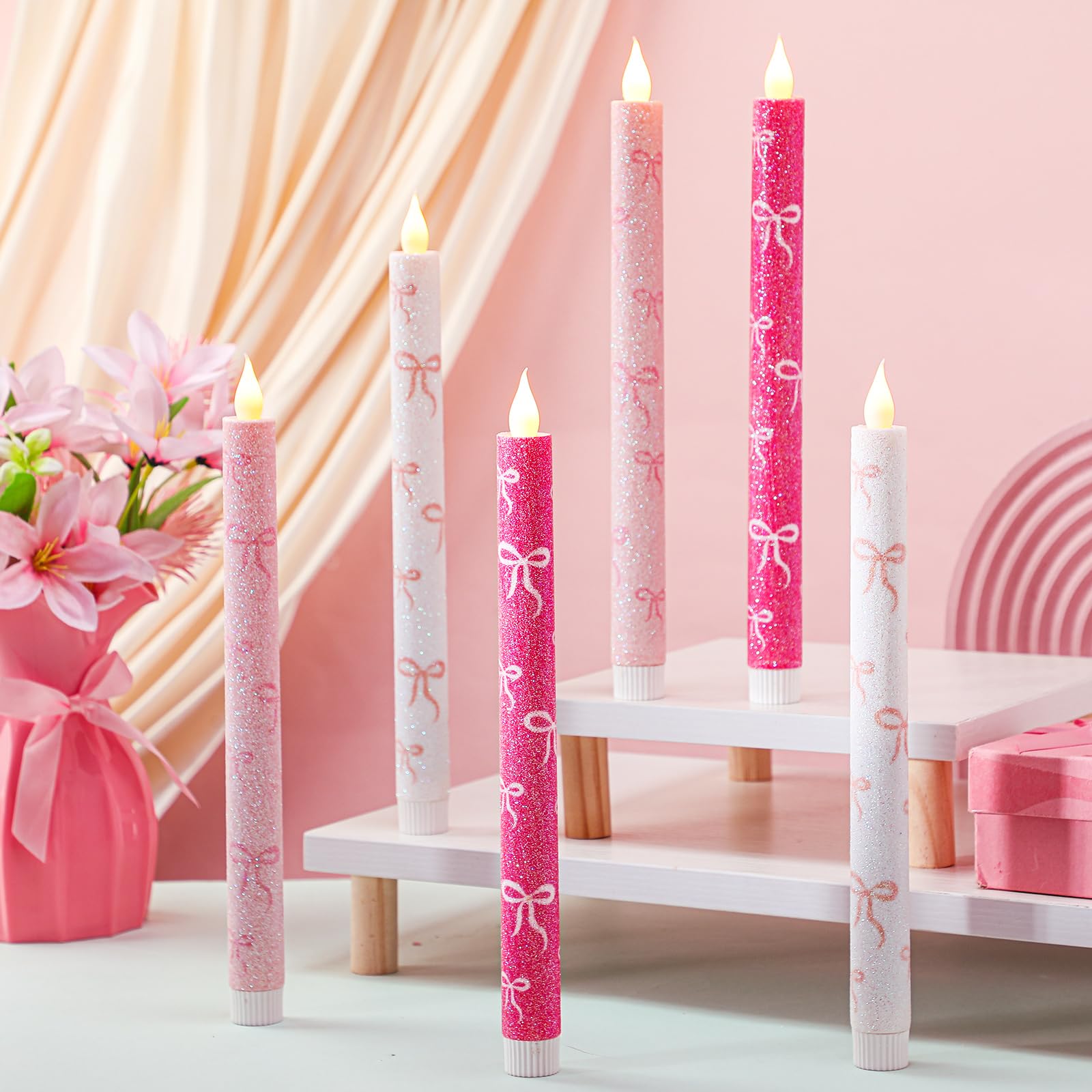 Honoson Valentines flameless candles with pink glitter bows create romantic table ambience.