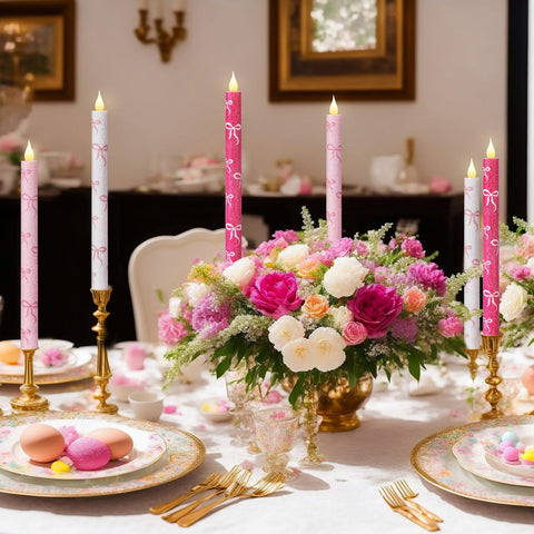 Honoson pink taper candles on a dining table create warm glow.