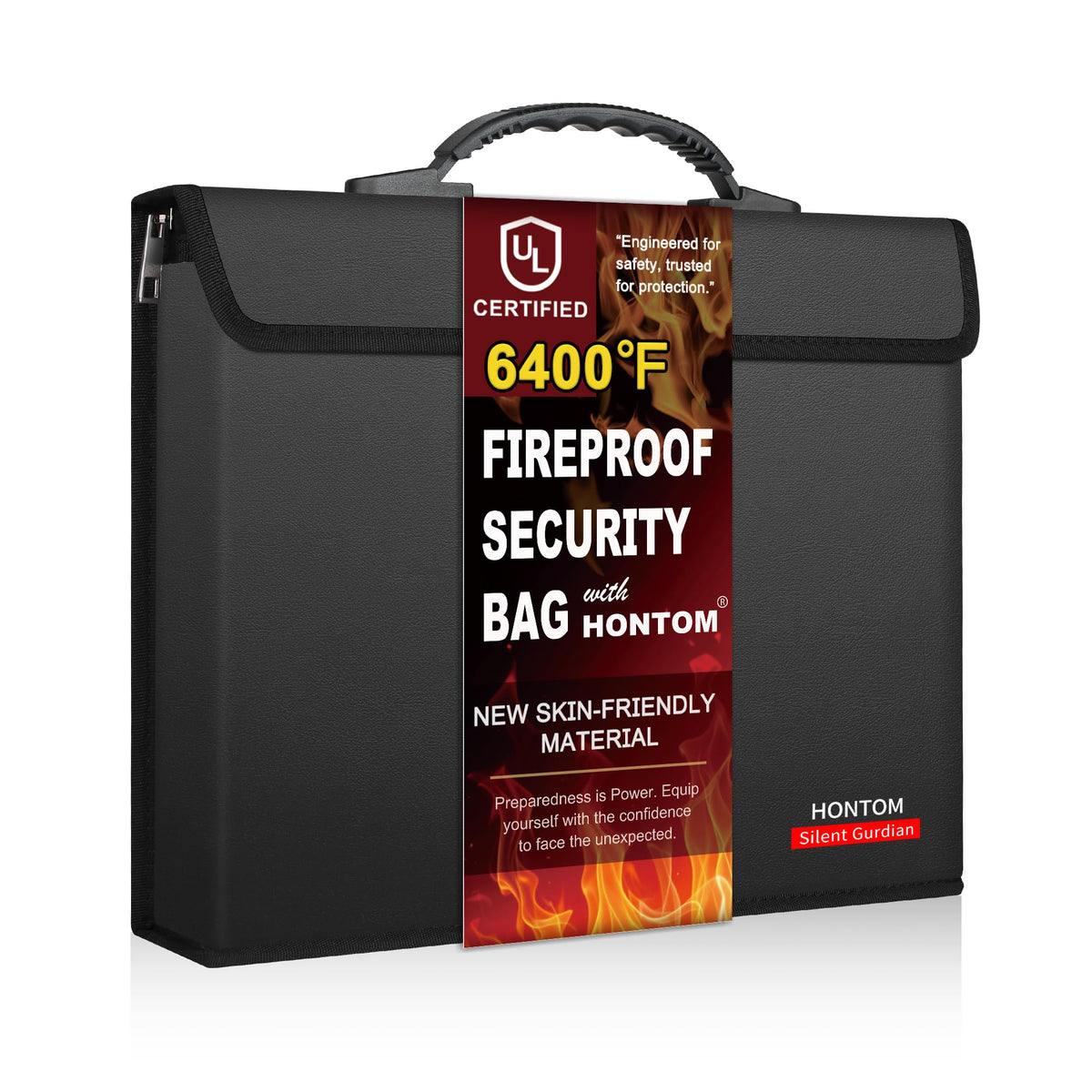 Hontom fireproof bag with lid closed showing sleek, professional exterior for secure storage