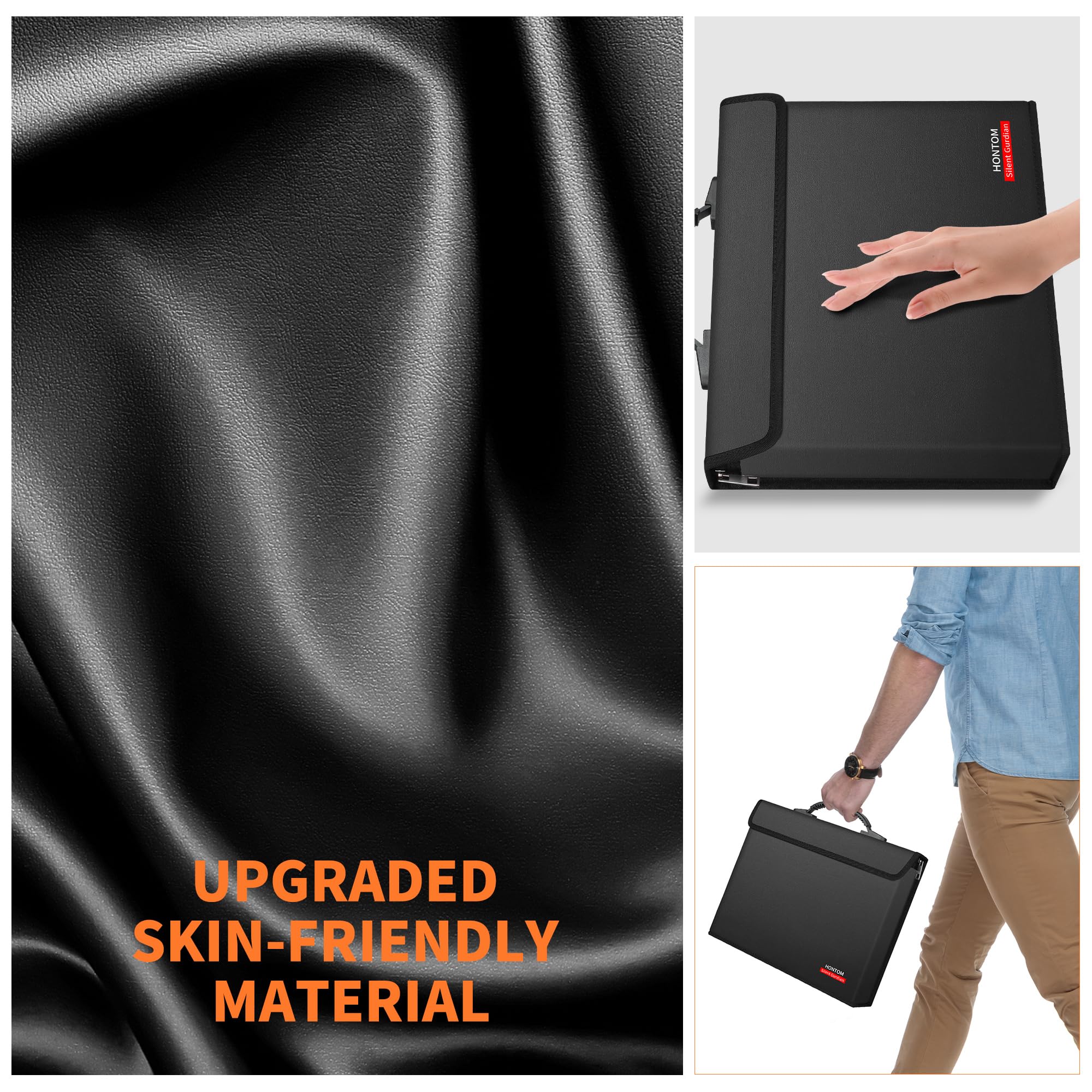 Hontom fireproof bag shown in travel and office contexts