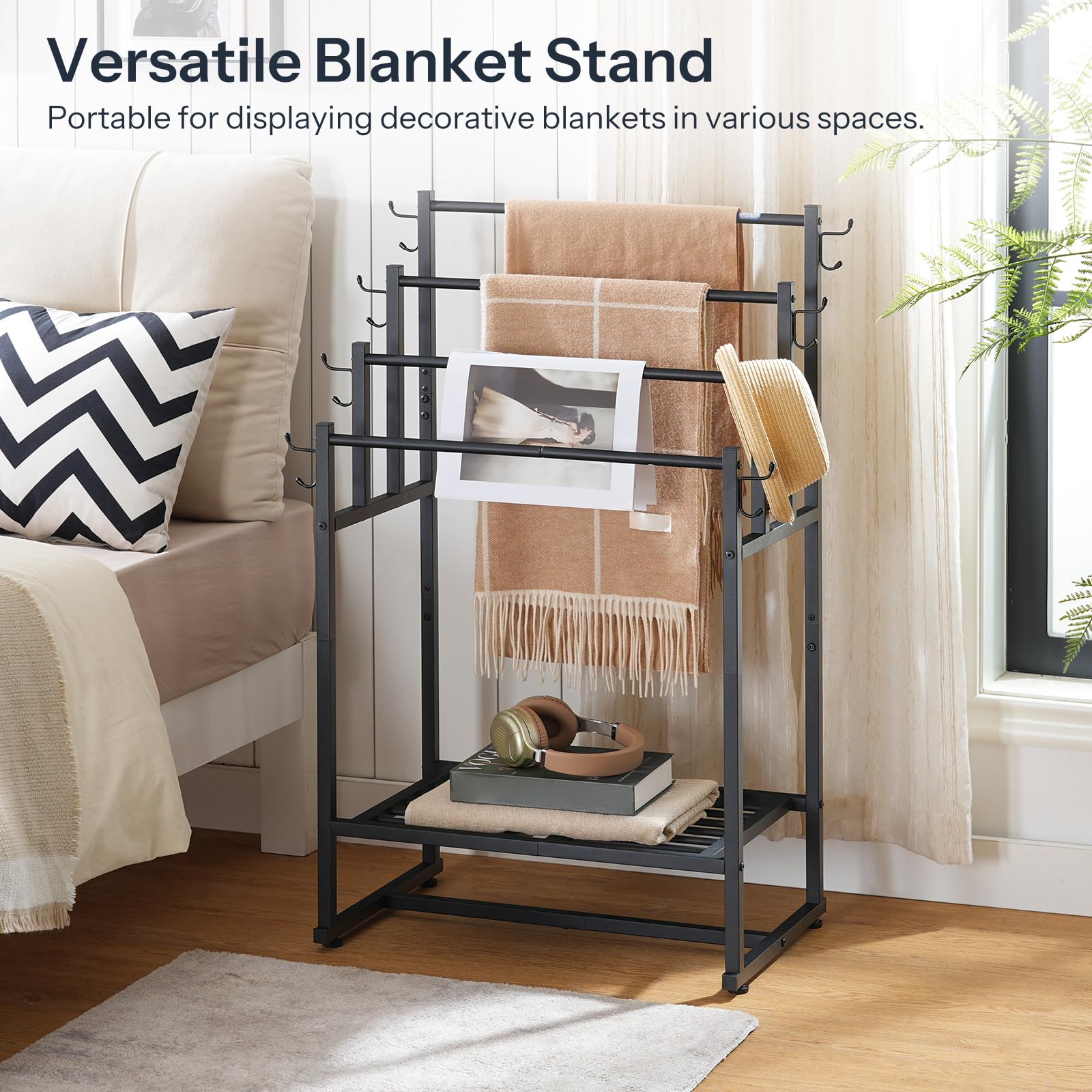 HOOBRO blanket display stand bottom shelf provides extra storage for towels and robes.