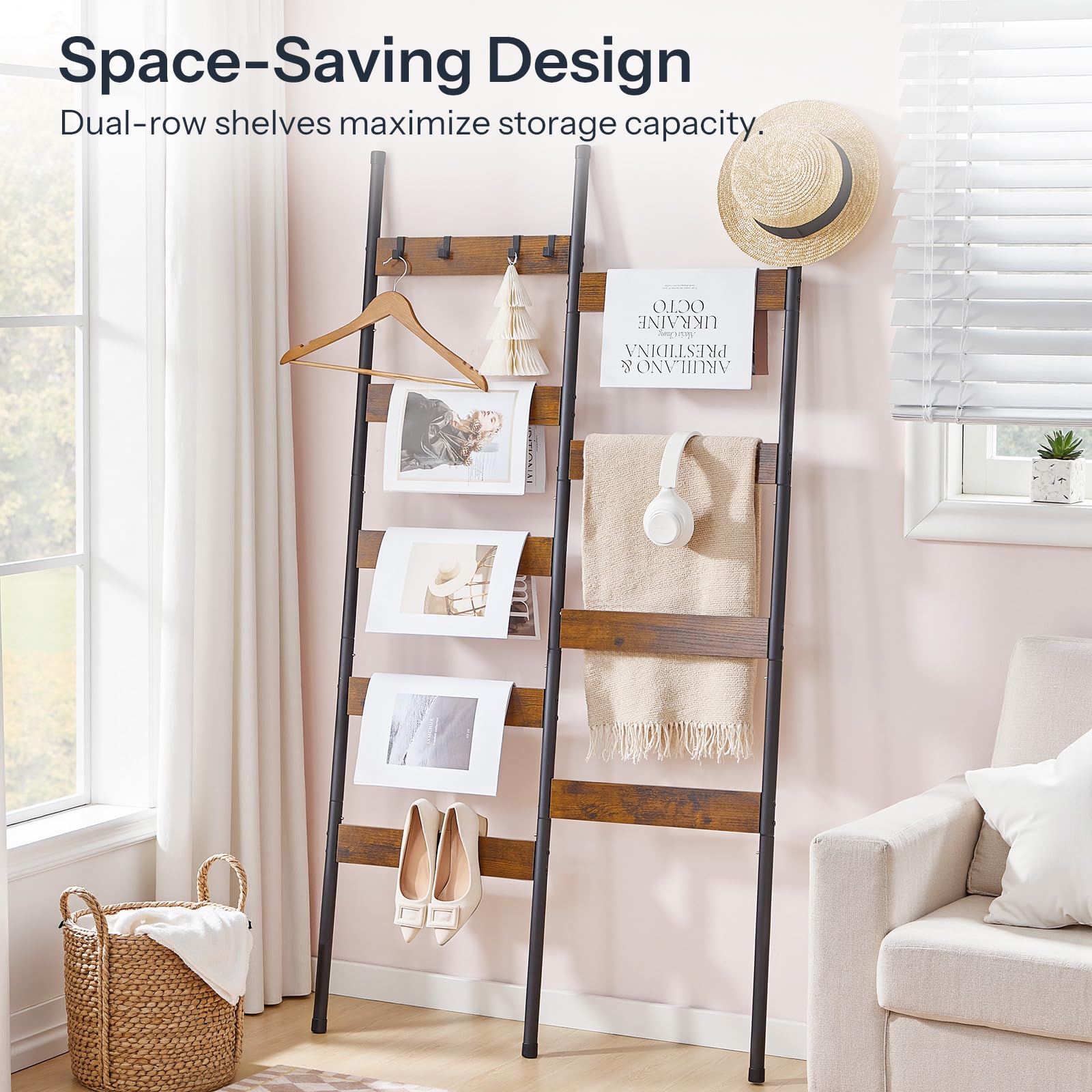 HOOBRO blanket ladder includes four removable hooks for flexible hanging options.