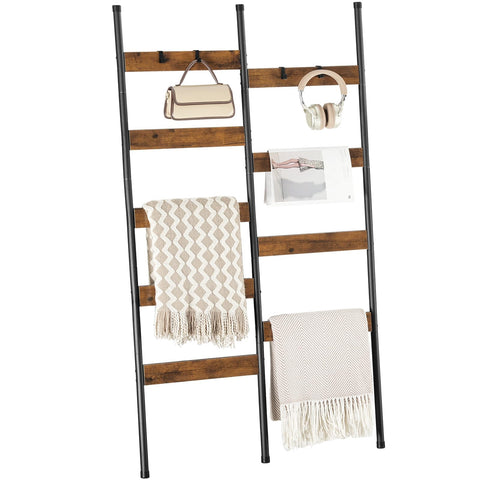 HOOBRO blanket ladder with 9 tiers leans on the wall for organized throws.
