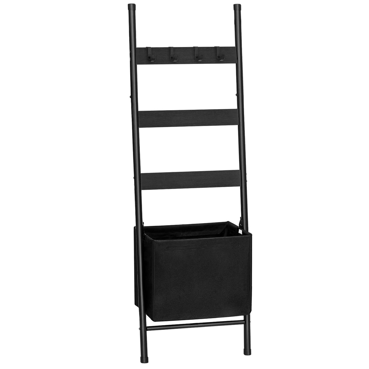 HOOBRO blanket ladder with basket in black frame for tidy blankets and towels.