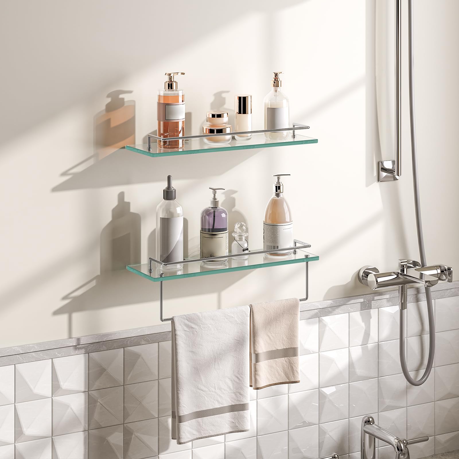 HOOBRO floating glass shelves with 8mm tempered glass provide durable storage.