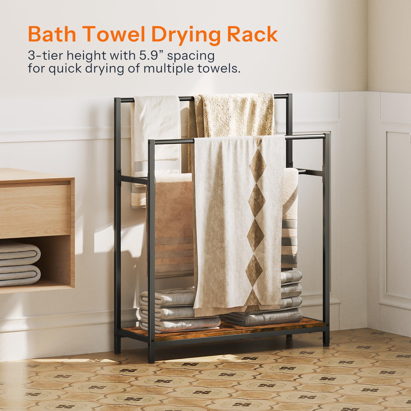 HOOBRO free-standing rack in living room setup for towels.