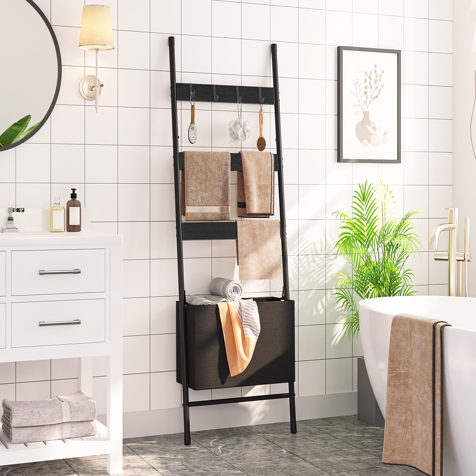 HOOBRO ladder features wood panel and black frame for rustic storage display.