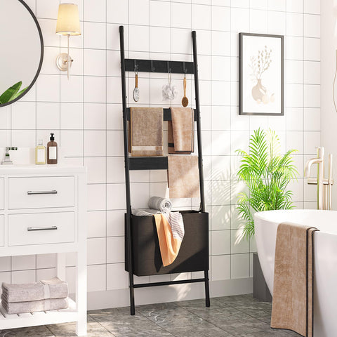 HOOBRO ladder features wood panel and black frame for rustic storage display.
