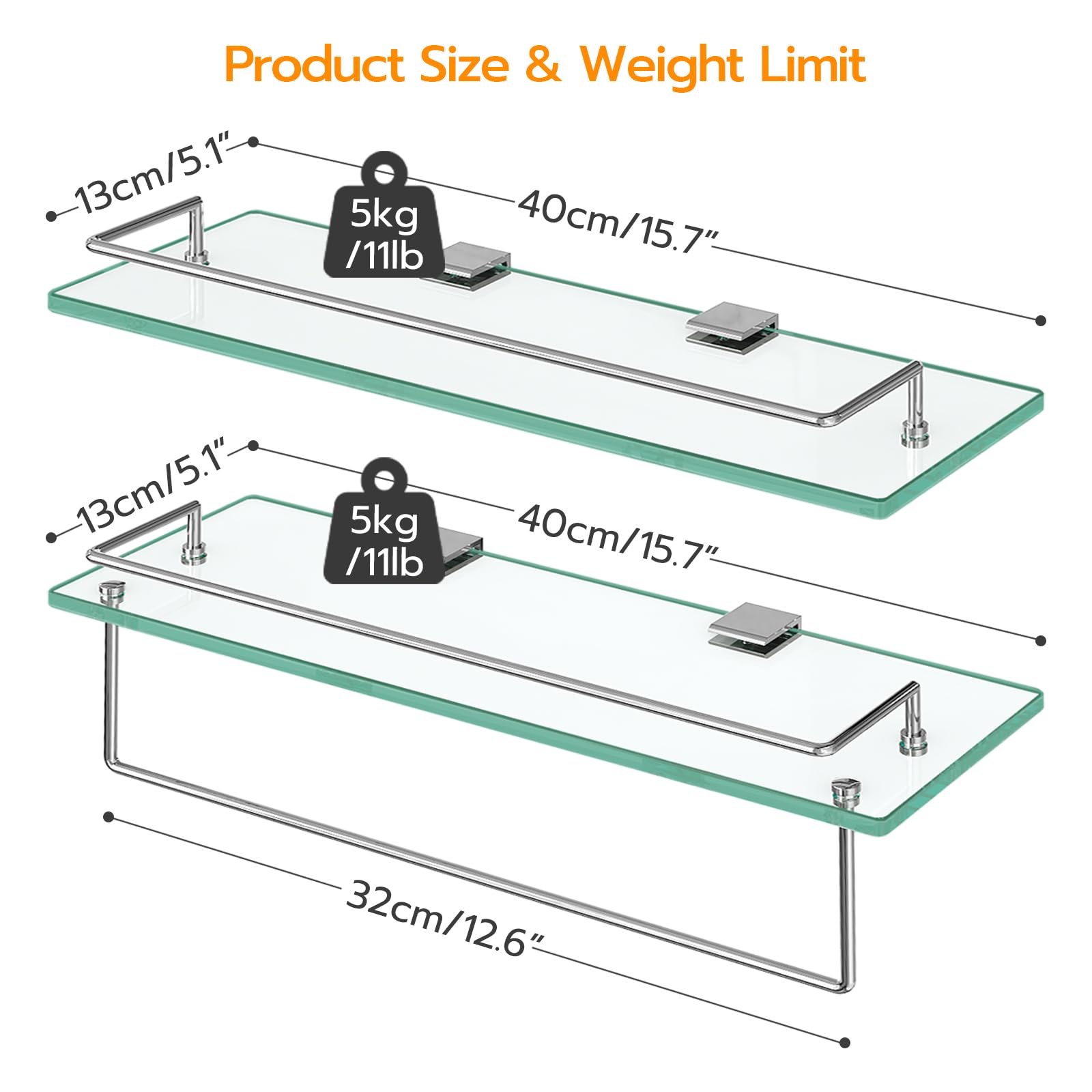 HOOBRO rounded-edge glass shelves ease access and reduce injury risk.