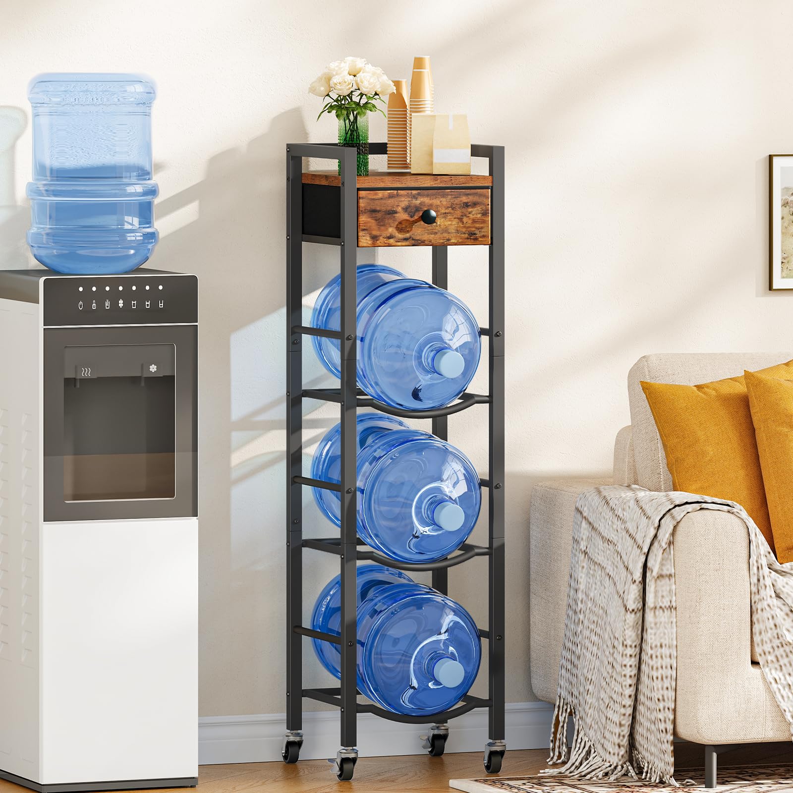 HOOBRO rustic-industrial water storage rack combines wood-look panels with metal frame