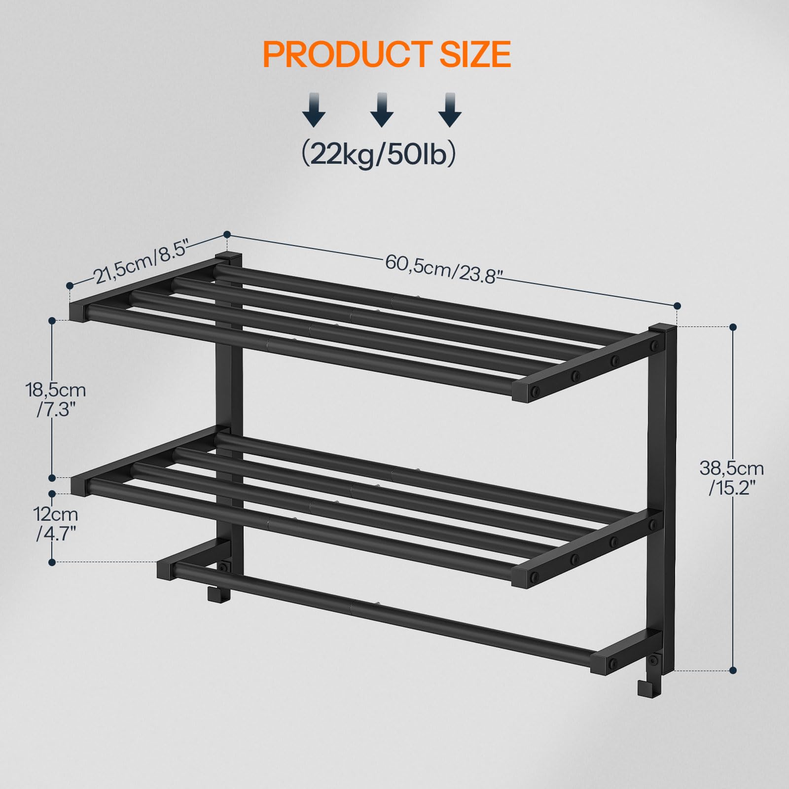 HOOBRO towel rack with two hooks displaying bathroom accessories.