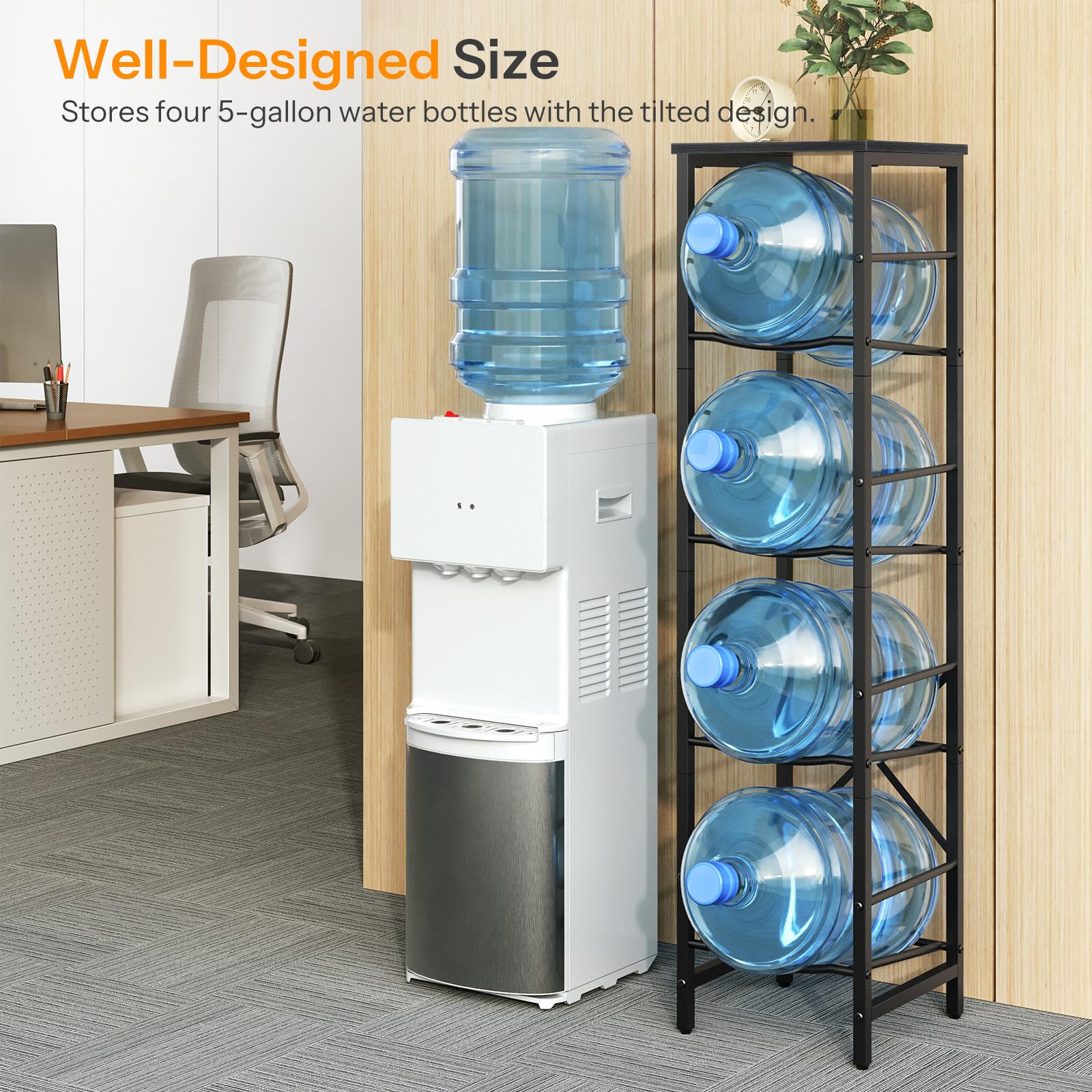HOOBRO Water Jug Rack back view highlights anti-tilt support and stability.