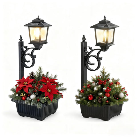 HOODINK 2-pack solar lamp post with planter left view, ambient pathway lighting for entryways