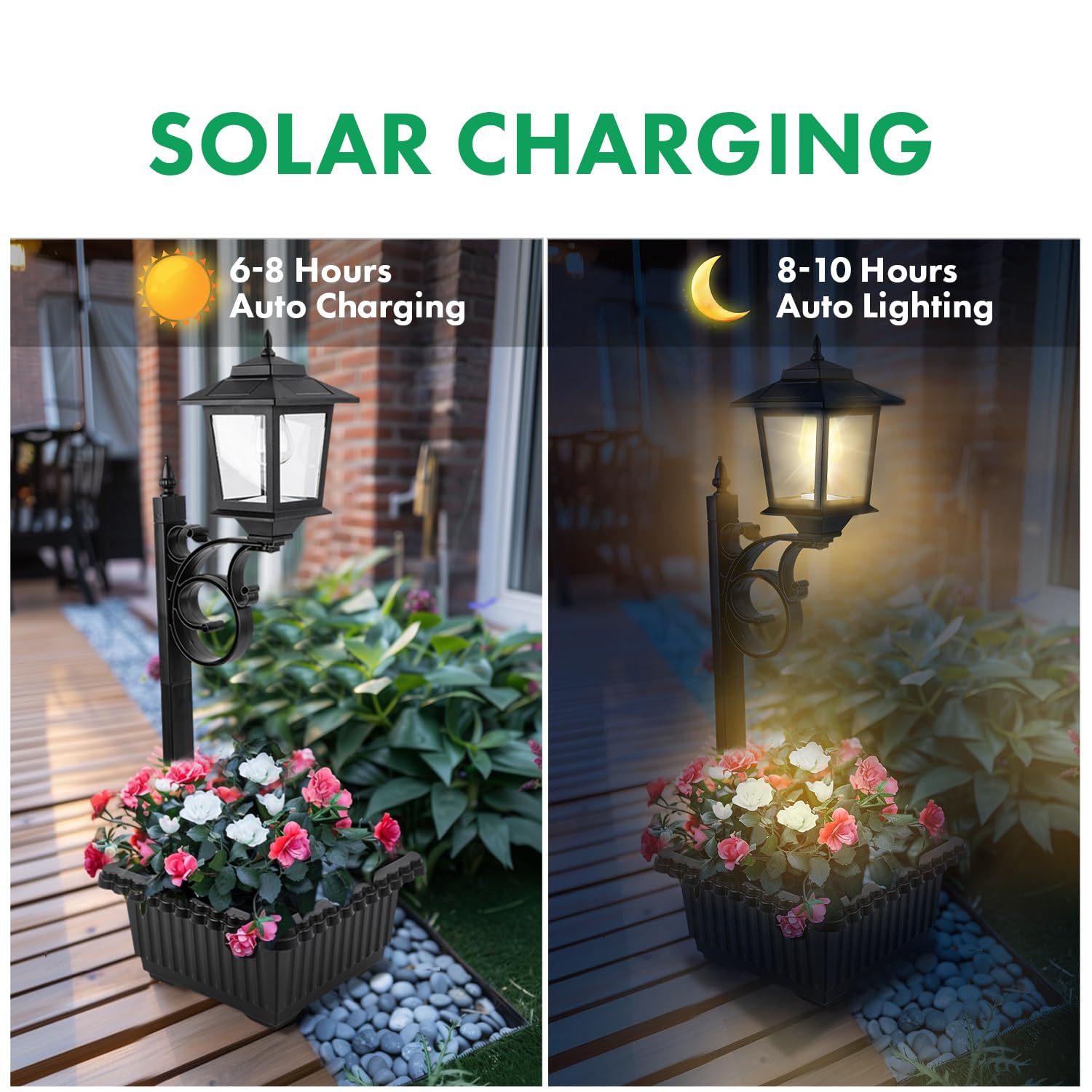 HOODINK 2-pack solar lamp post with planter right view, elegant garden entrance illumination