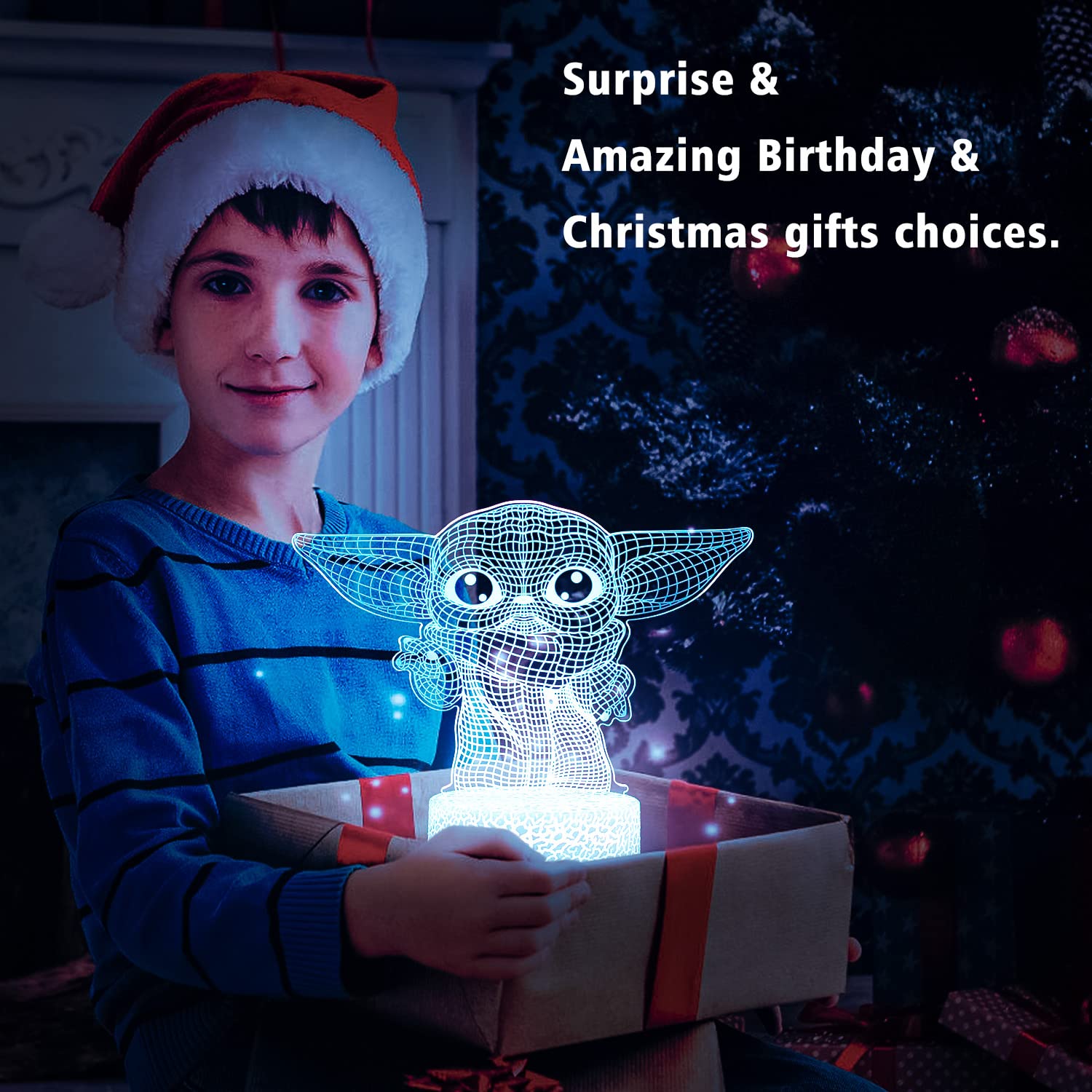 Hoofun Baby Yoda 3D lamp showing color range for study or play.