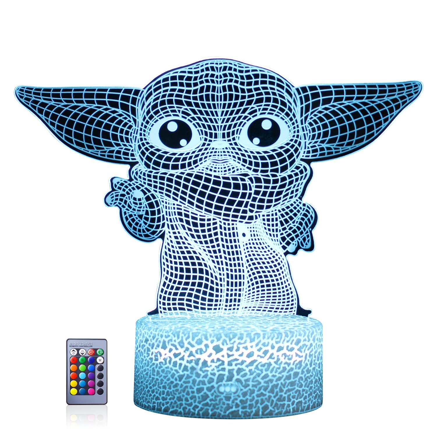 Hoofun Baby Yoda 3D lamp with smart touch for quick color changes.