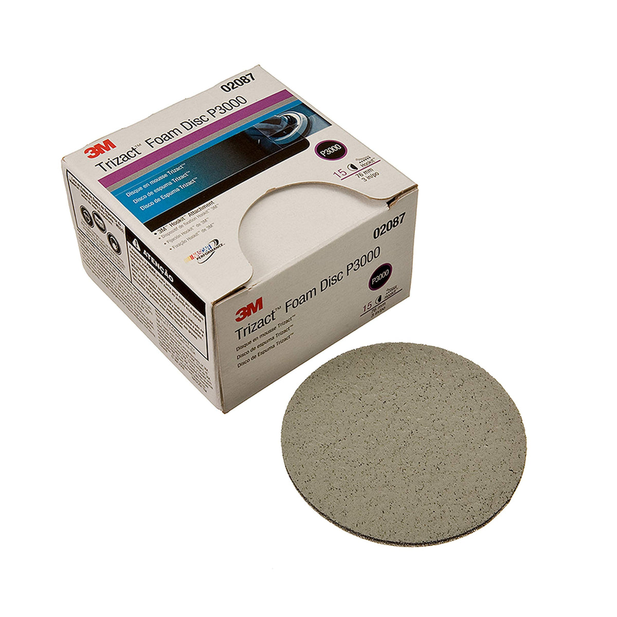 Hookit Trizact foam disc front view with uniform mineral structure for a smooth finish.