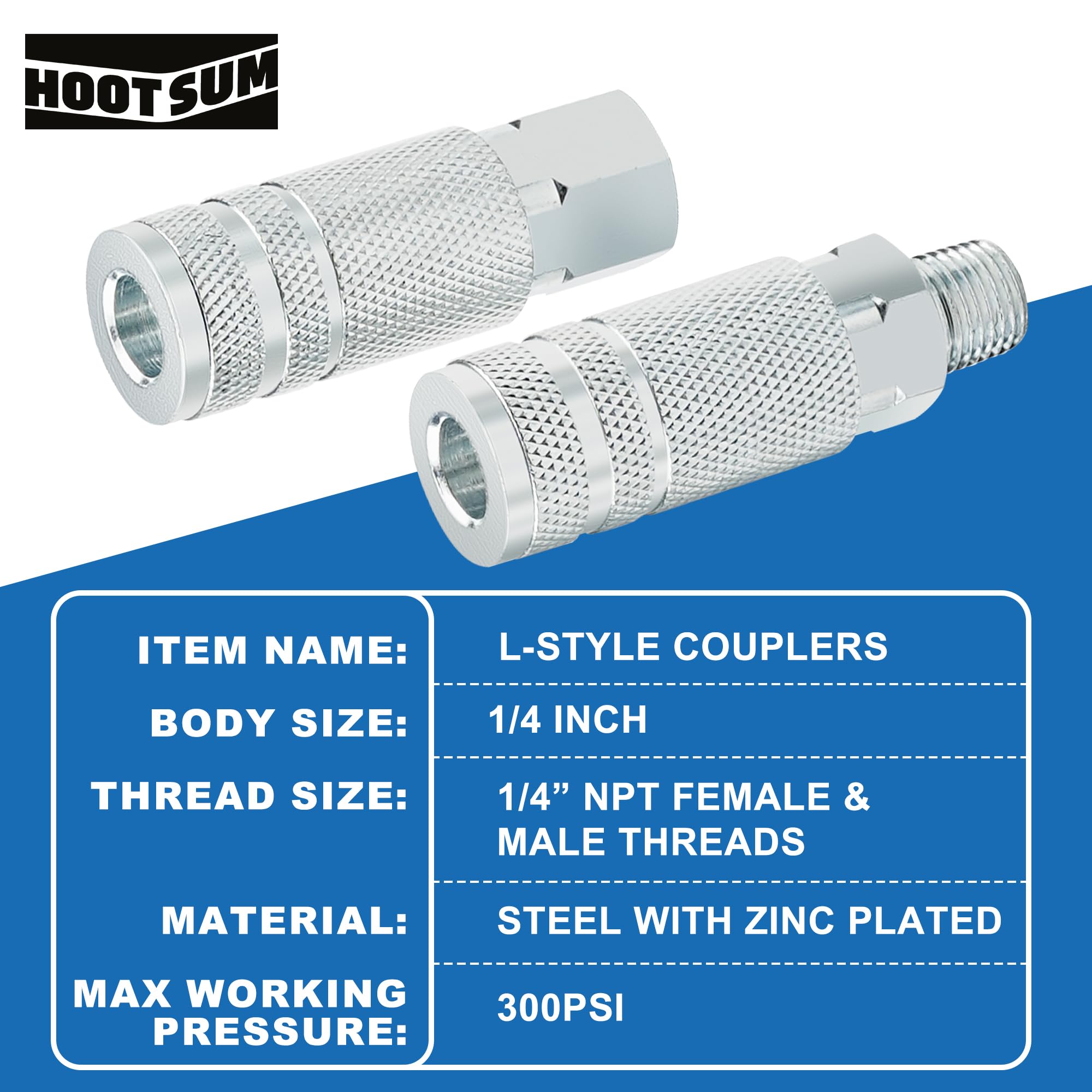 HOOTSUM Lincoln L-style 1/4-inch male coupler enables easy tool attachment.
