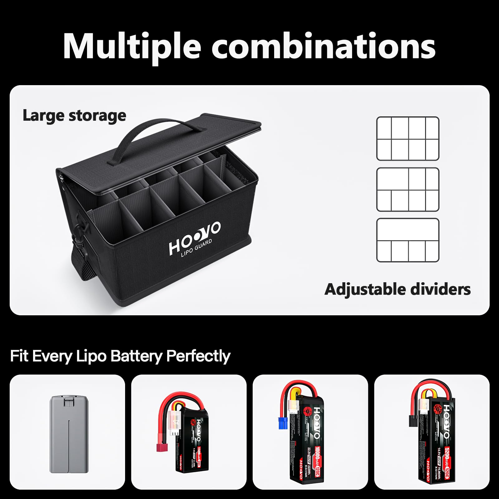 HOOVO Lipo Bag dividers arranged to create multiple compartments