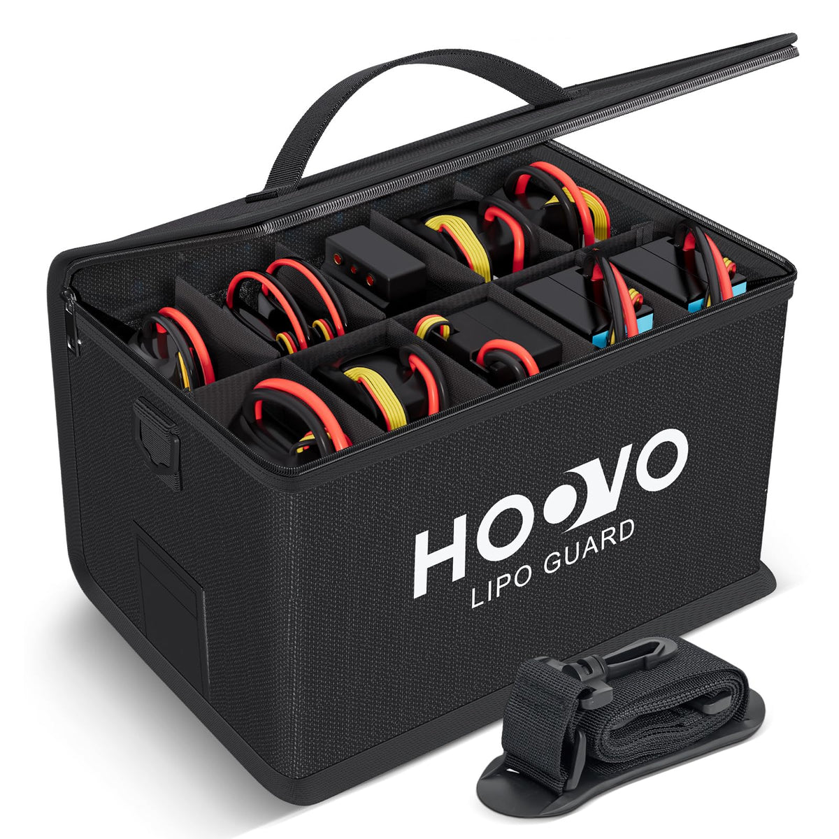 HOOVO Lipo Bag open shows interior dividers for safe LiPo storage