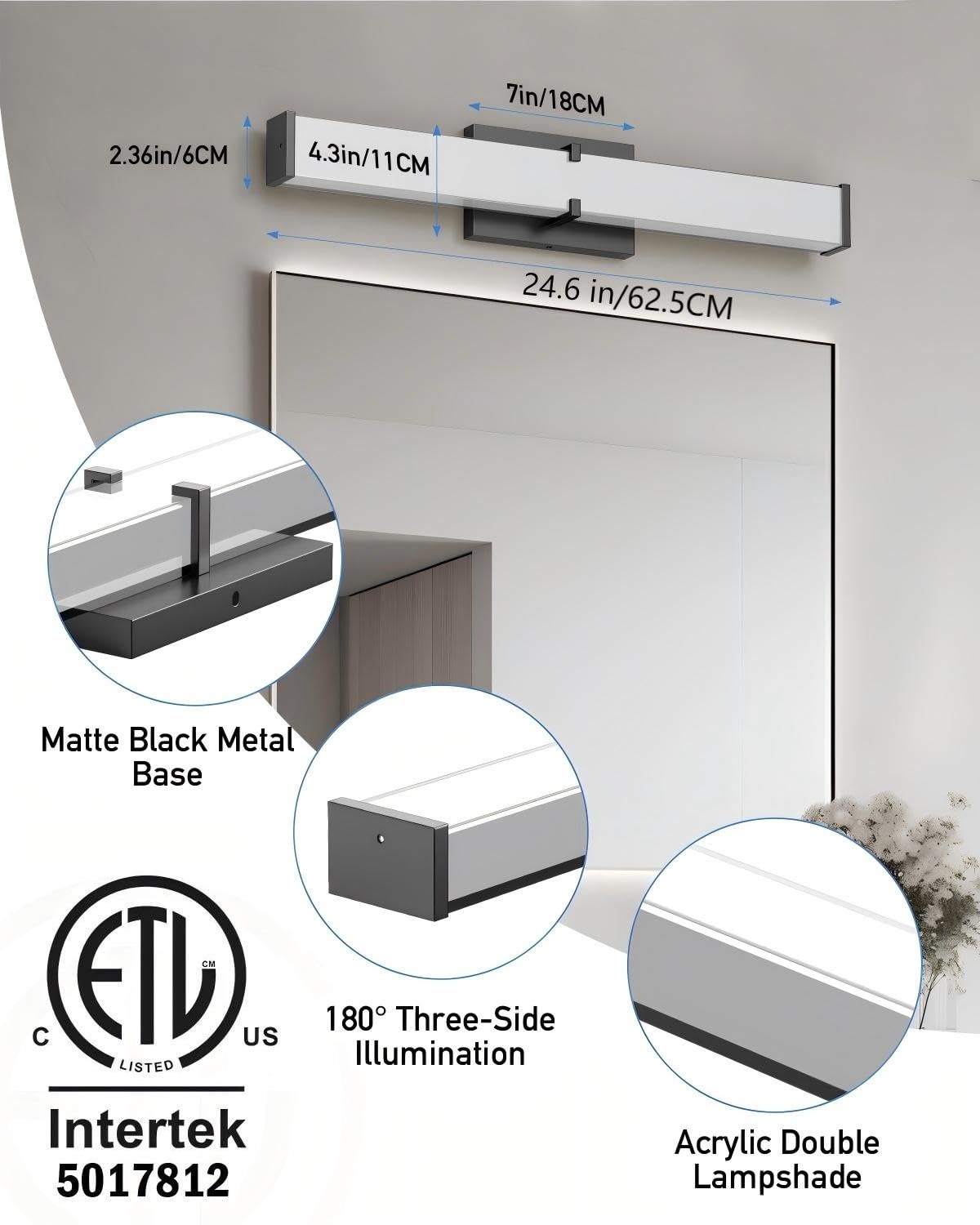 HOPAI vanity light LED 2000 lumen for clear, even illumination.