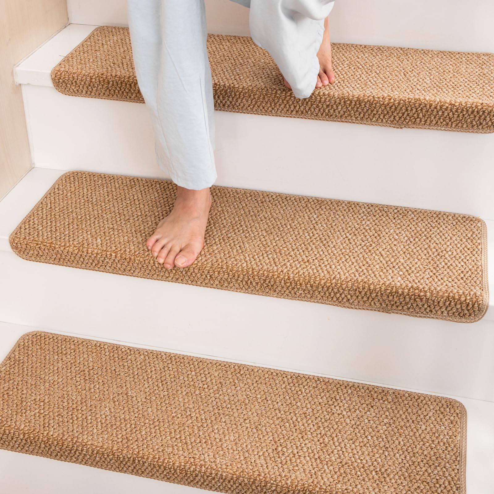 Hopeviva bullnose stair treads self-adhesive design enables quick, tool-free installation on stairs.