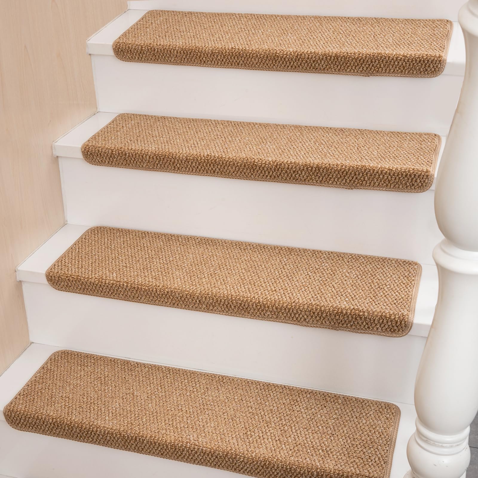 Hopeviva bullnose stair treads on wooden steps with textured sisal look for safer traction daily use.