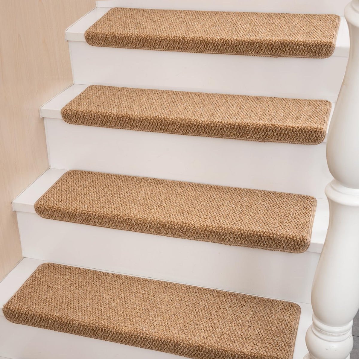 Hopeviva bullnose stair treads on wooden steps with textured sisal look for safer traction daily use.