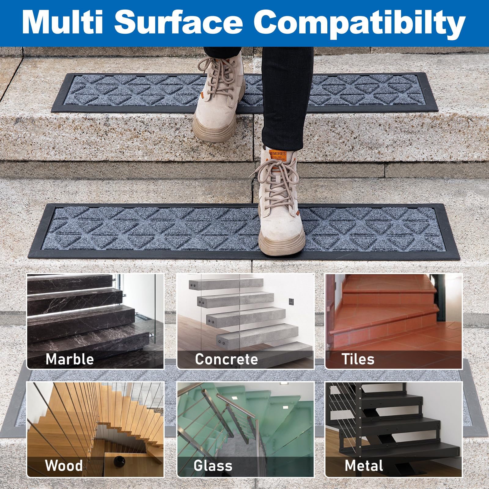 Hopeviva stair treads show a gray triangle pattern for improved grip and style.