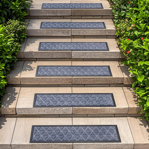 Hopeviva stair treads feature wear-resistant polypropylene surface for weather resilience.