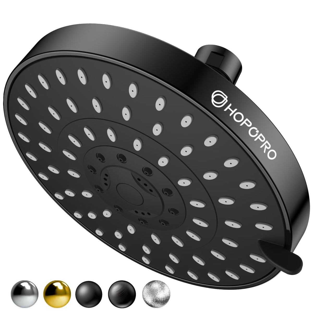 HOPOPRO 5-Mode shower head in matte black front view shows six-inch panel and nozzle array for even spray