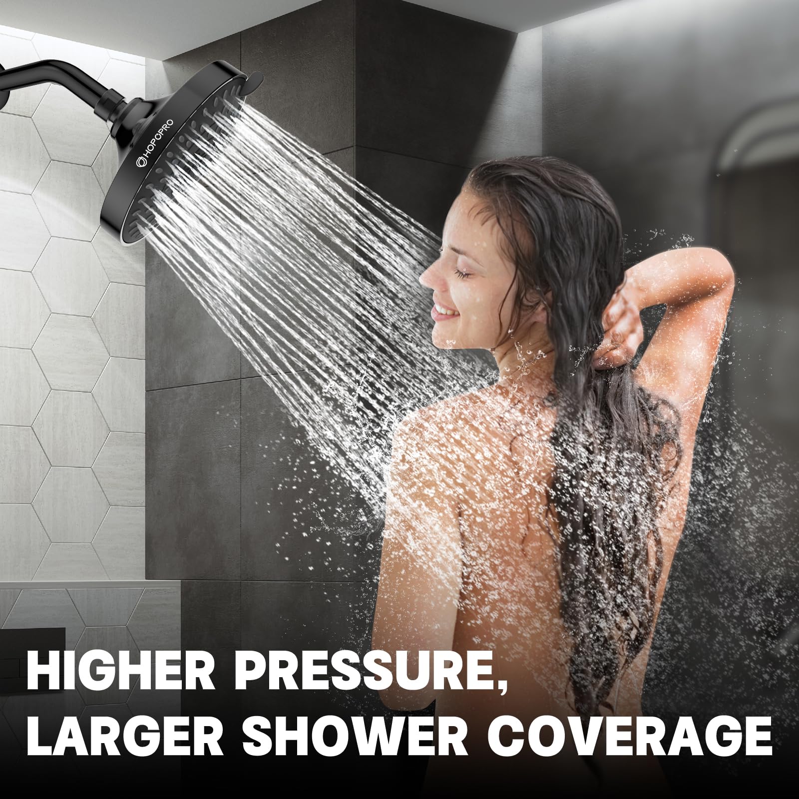 HOPOPRO matte black fixed shower head packaging with included accessories