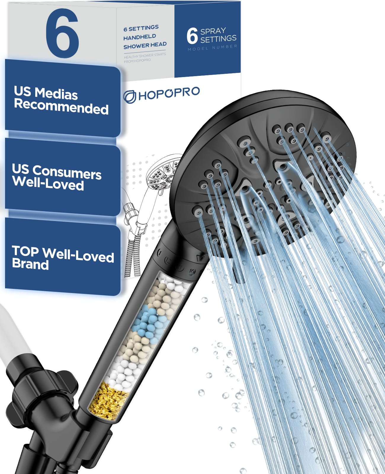 HOPOPRO 6-mode handheld showerhead with high pressure, offering customizable sprays.