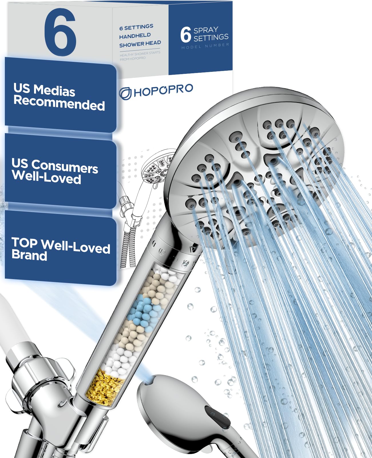HOPOPRO 7-setting handheld shower head with chrome finish for customizable spray options