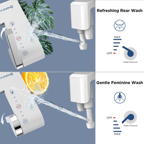 HOPOPRO bidet attachment side view highlights adjustable pressure lever.