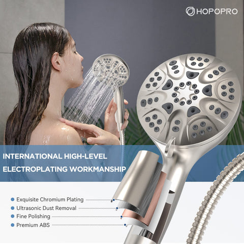 HOPOPRO chrome-finish showerhead offers a sleek, durable look.