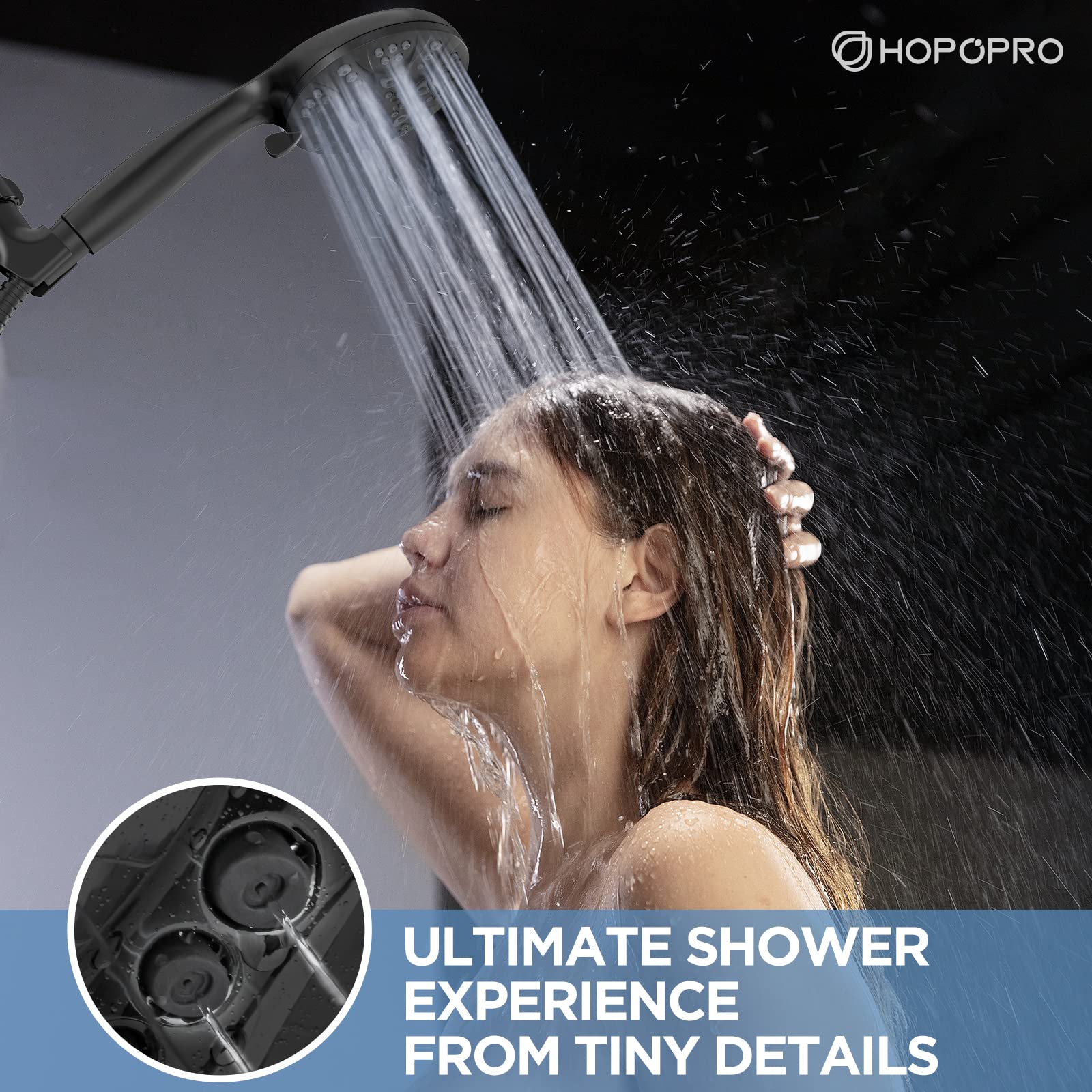 HOPOPRO chrome-finish showerhead adds a sleek, durable look to any bathroom.