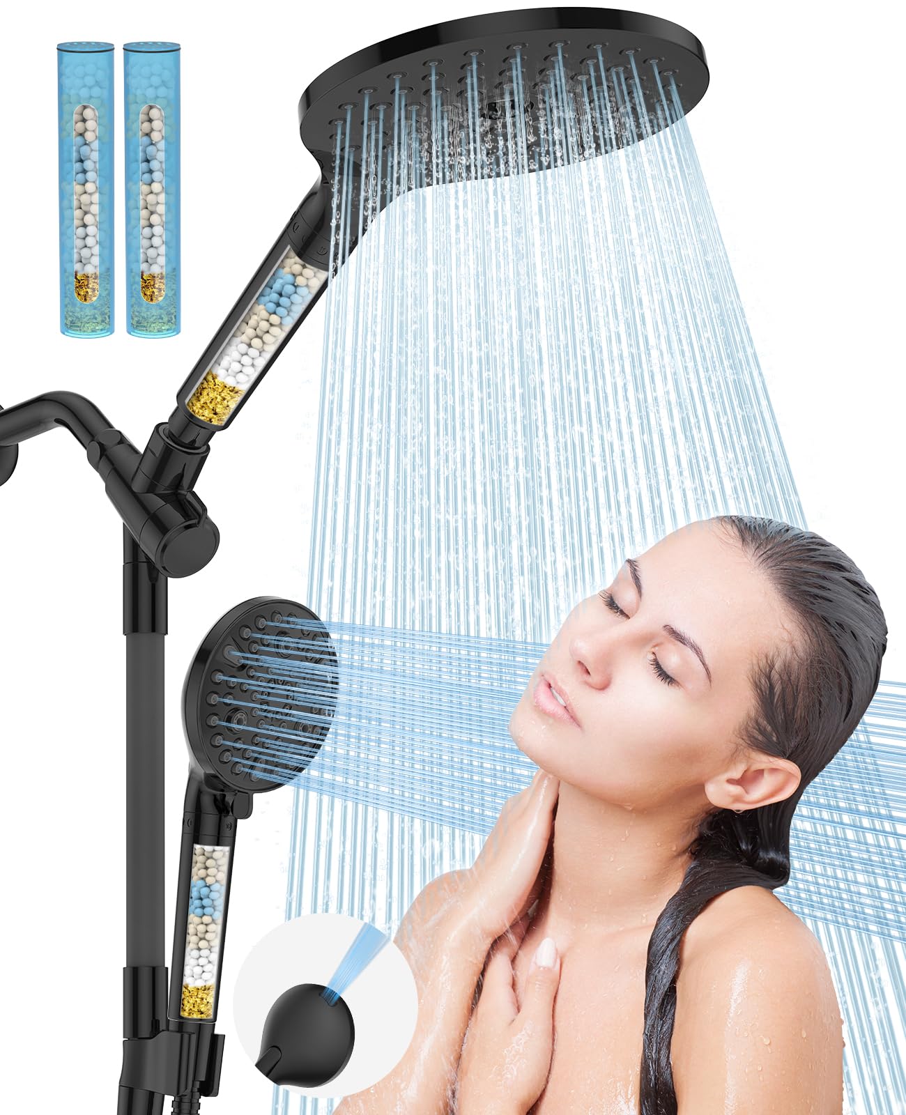HOPOPRO dual filtered shower heads with 8-inch rainfall coverage for a wide wash.