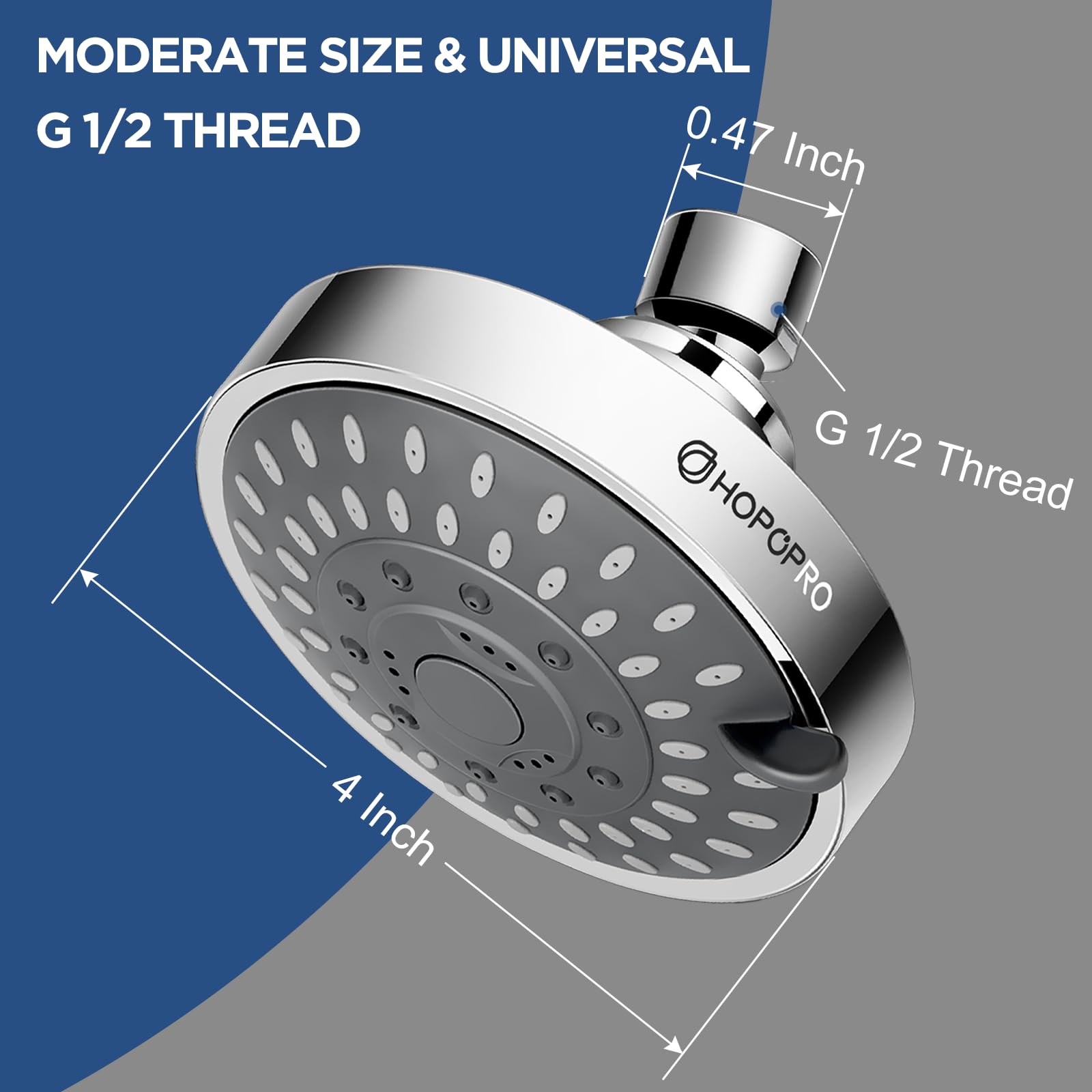 HOPOPRO showerhead wall-mount setup shows adjustable angles for easy positioning.
