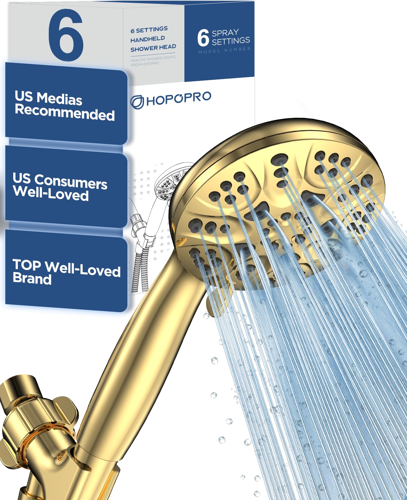 HOPOPRO 6-mode showerhead front view shows versatile spray options for personalized showers.
